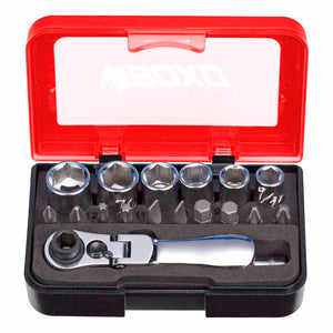 BOXO 18PC 1/4" Socket Set with Dual Function Flex-Head Ratchet